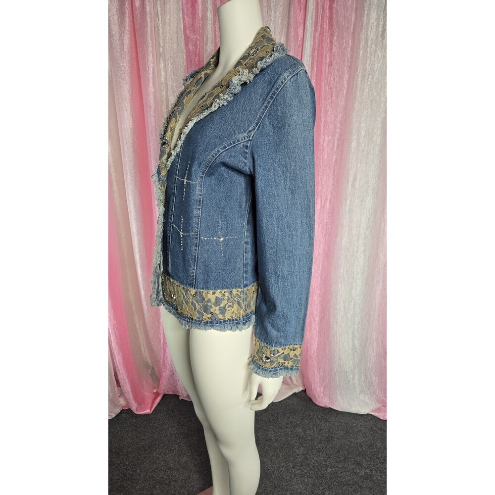 Step In Style Y2K Unique Denim Lace Studded  Rhinestone Jean Jacket Size Large - Picture 11 of 16